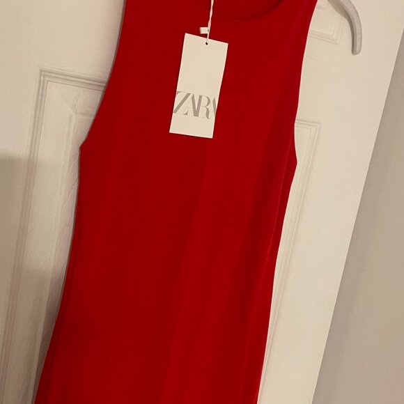 Zara Red Sleeveless Crew Neck Stretch Cami Camisole Tank Bodycon Mini Dress Sz M - Picture 5 of 6